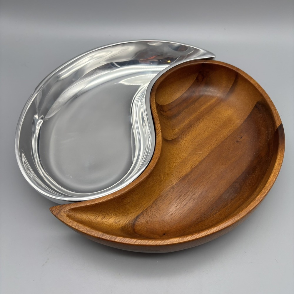Nambe Yin Yang Divided Server Set Metal Alloy and Acacia Wood 12"